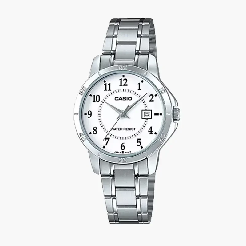 Casio Japan Quartz Enticer White Dial sILVER Ladies Watch- LTP-V004D-7B